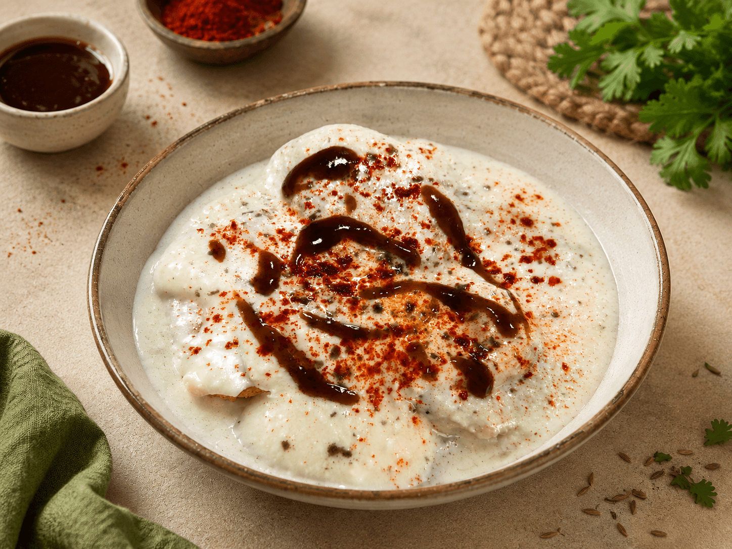 Soft urad dal vadas soaked in chilled sweet curd, finished with tamarind chutney and spice.